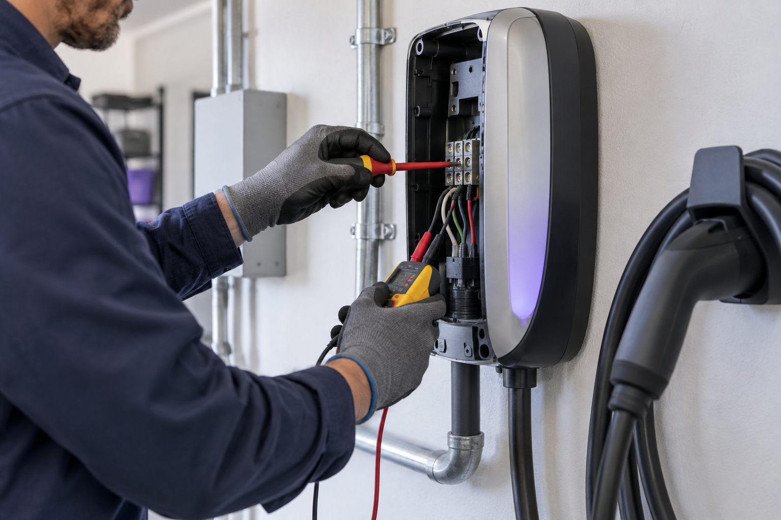 Electrician troubleshooting a residential electrical panel